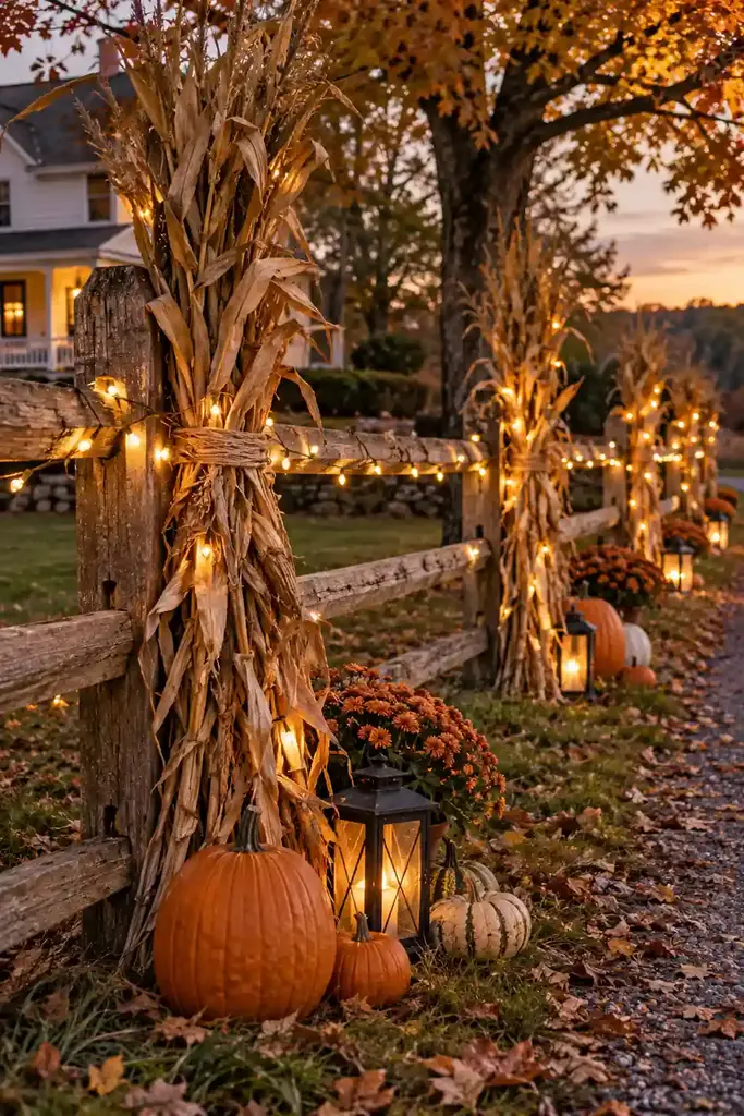 Country fence with tied dried cornstalks, pumpkins and warm string lights