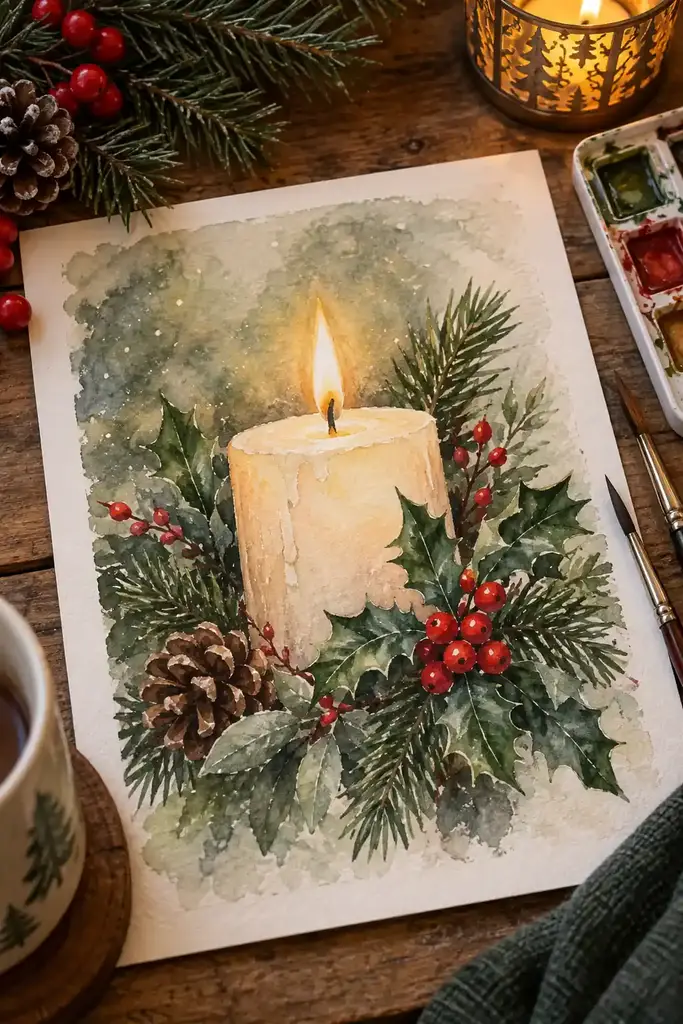 A cream candle glows among pinecones, berries and evergreen branches