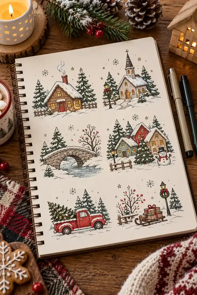 Winter village scene Christmas doodle with snowy houses