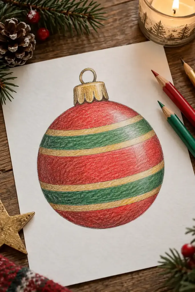 A red bauble has green and gold stripes, a gold cap and a hanging loop