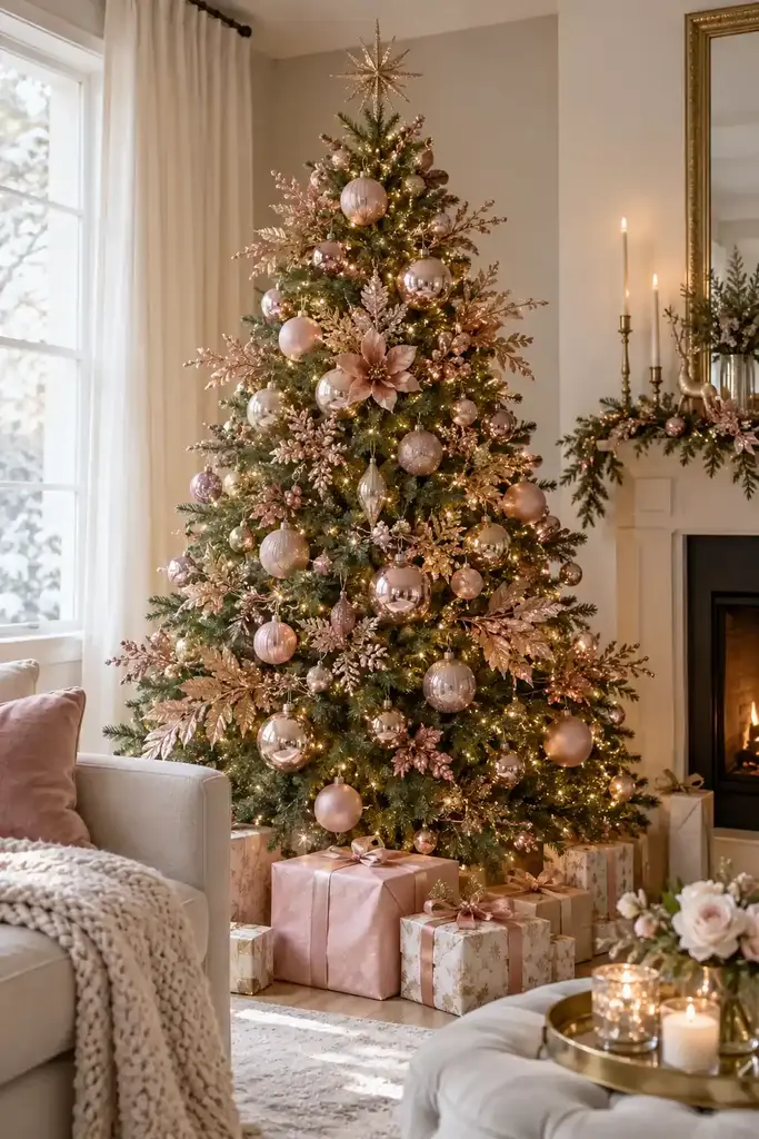 Blush pink glass baubles repeat across a green tree with pale metallic accents