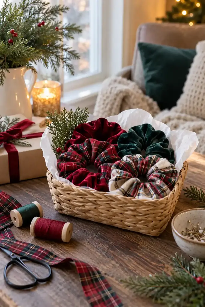 Woven basket of red tartan, green velvet, burgundy velvet and cream plaid fabric scrunchies