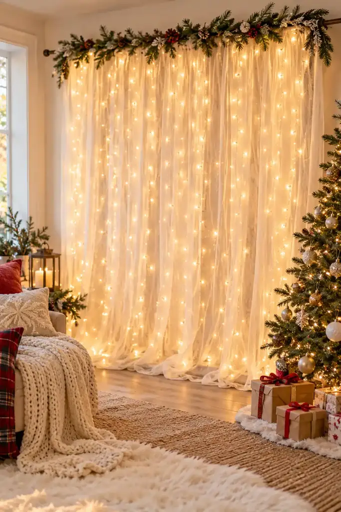 Fairy light sheer curtain backdrop
