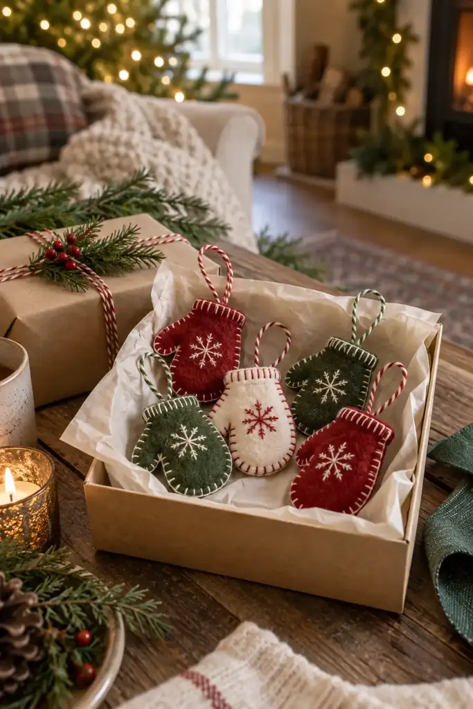 Tiny red, green and cream felt mitten ornaments with embroidered snowflakes and striped hanging cords