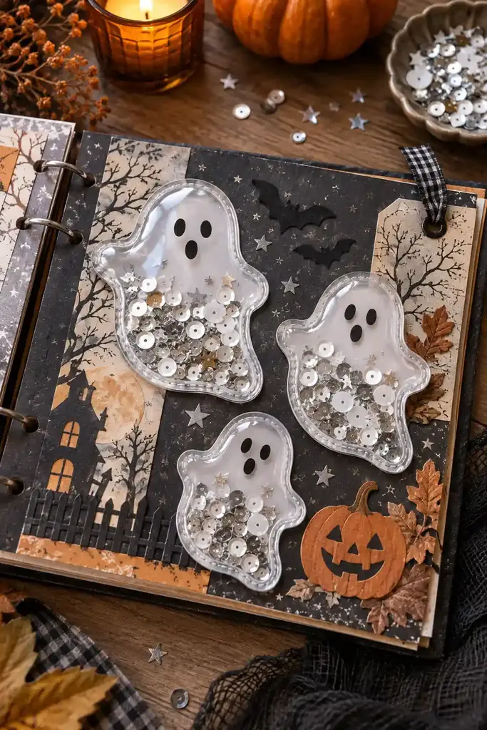 Halloween scrapbook page with clear ghost shaped shaker pockets filled with white and silver sequins