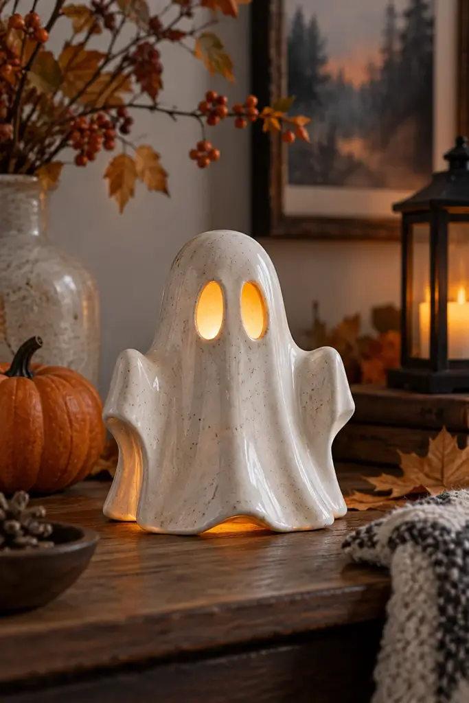 Ceramic ghost shaped luminary with cutout eyes glowing from a battery LED tealight