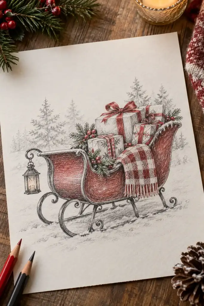 A curved sleigh carries wrapped gifts and a plaid blanket across a pale snowy background
