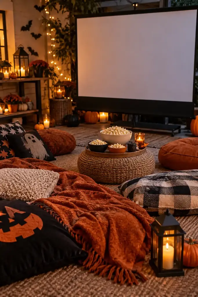 Halloween movie night corner with floor pillows, blankets, popcorn bowls and a projection screen