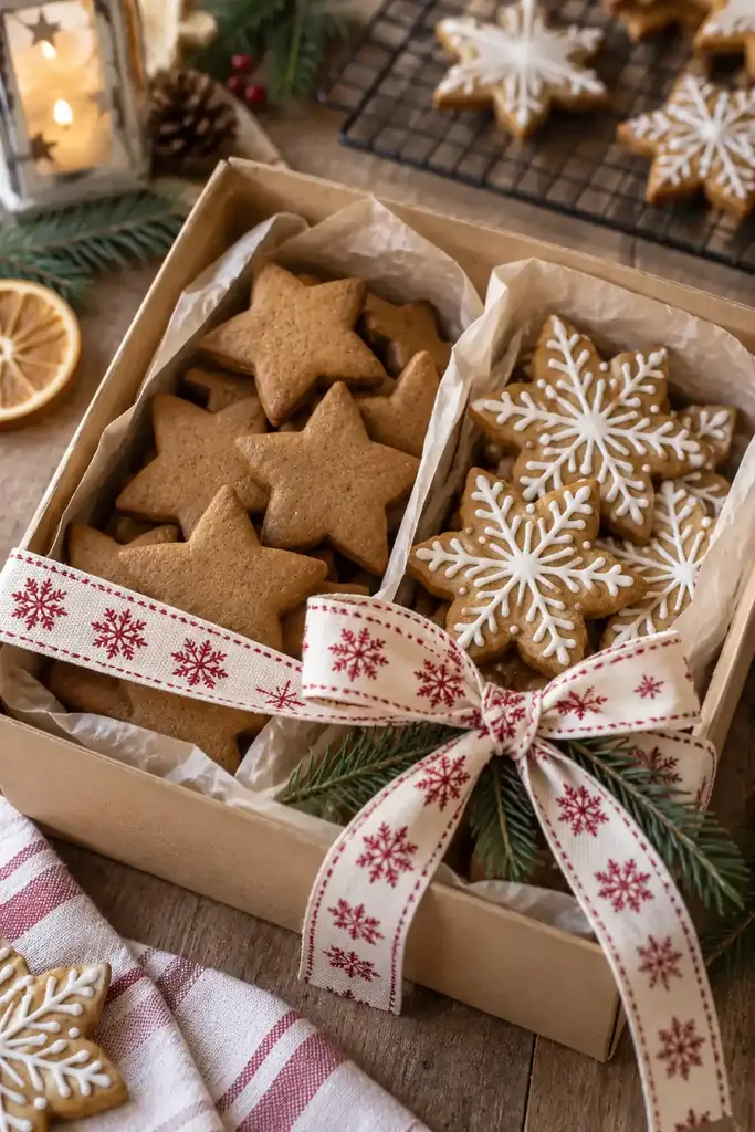 Kraft box of gingerbread stars and white iced snowflake cookies tied with a Nordic print ribbon