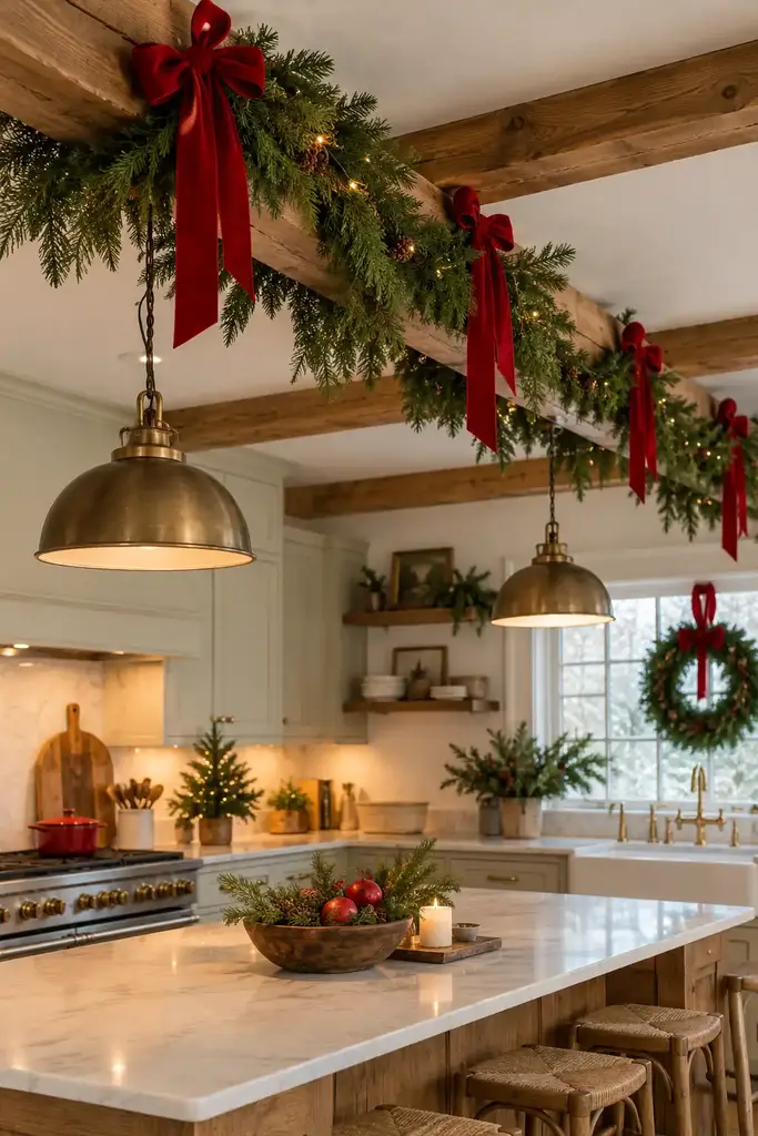 Evergreen garland follows an exposed kitchen beam above the counter