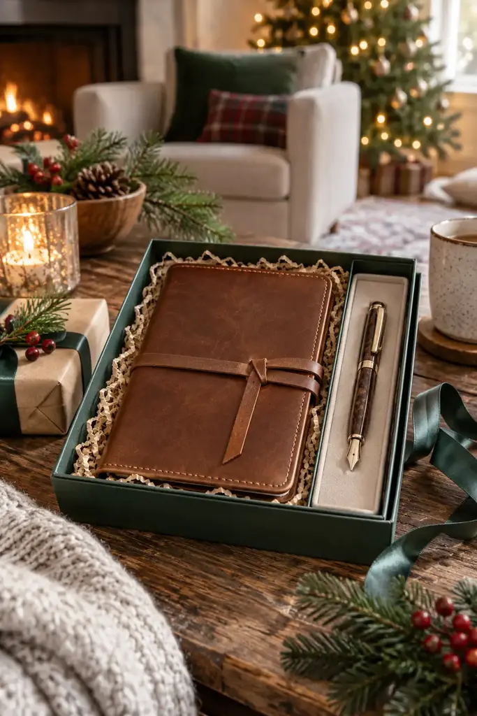 Chestnut leather wrap journal with a tie strap and a fountain pen in a green gift box