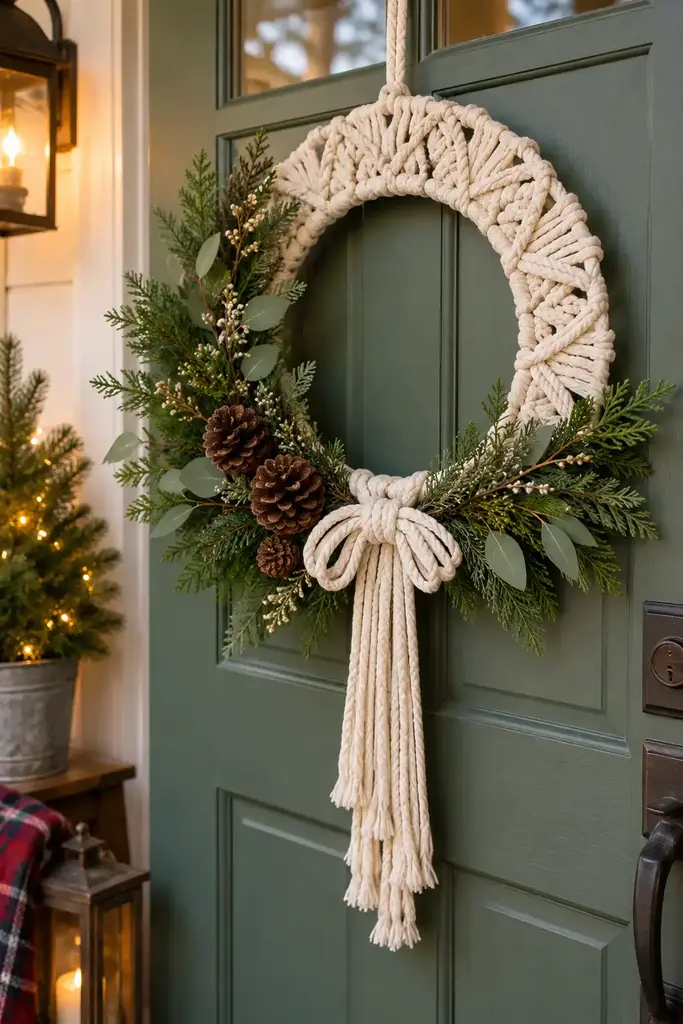 Cream cotton cord forms repeating knots around a circular wreath