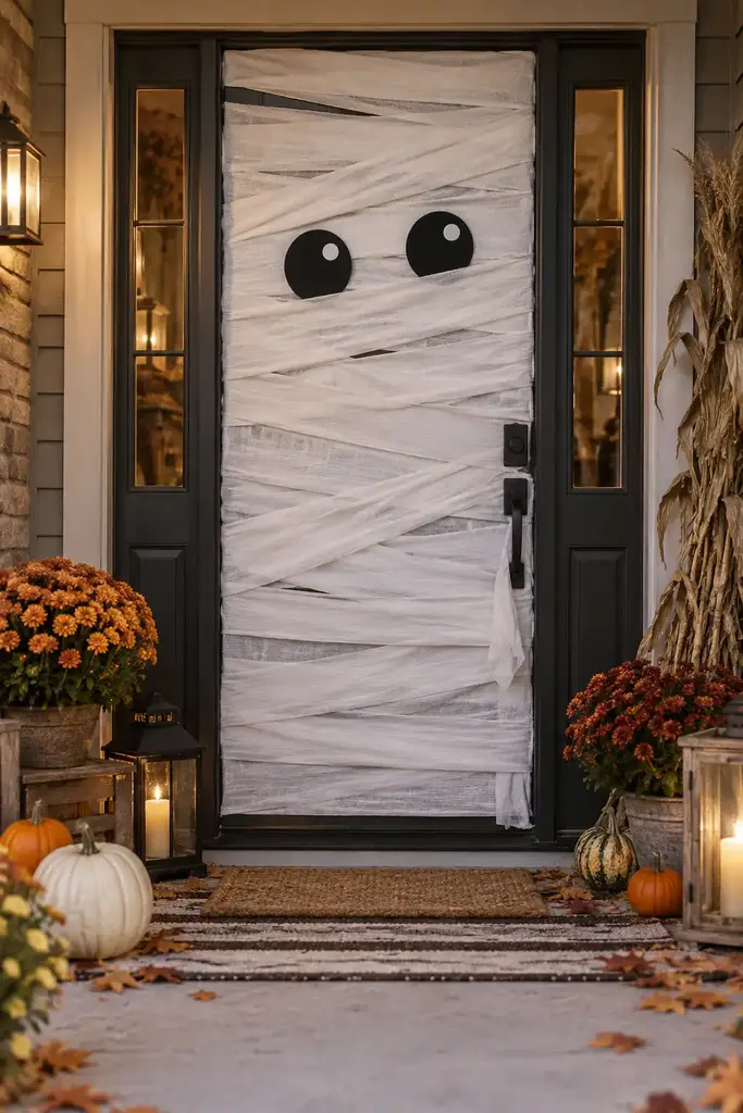 Front door wrapped in wide white fabric strips with two large black eyes