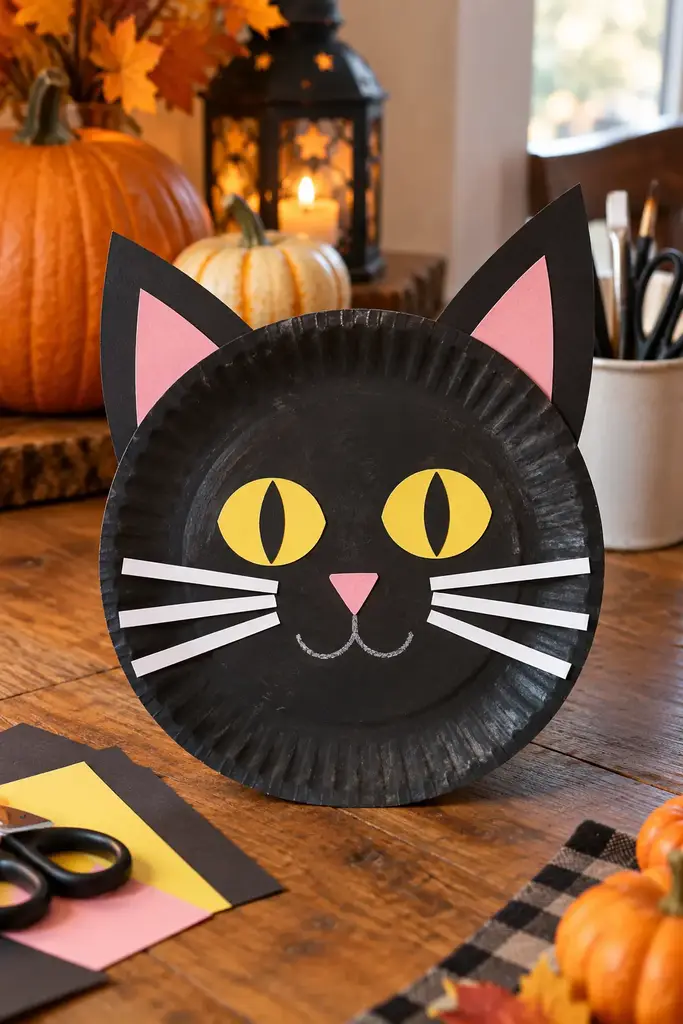 Black paper plate cat with large triangle ears, paper whiskers and yellow eyes