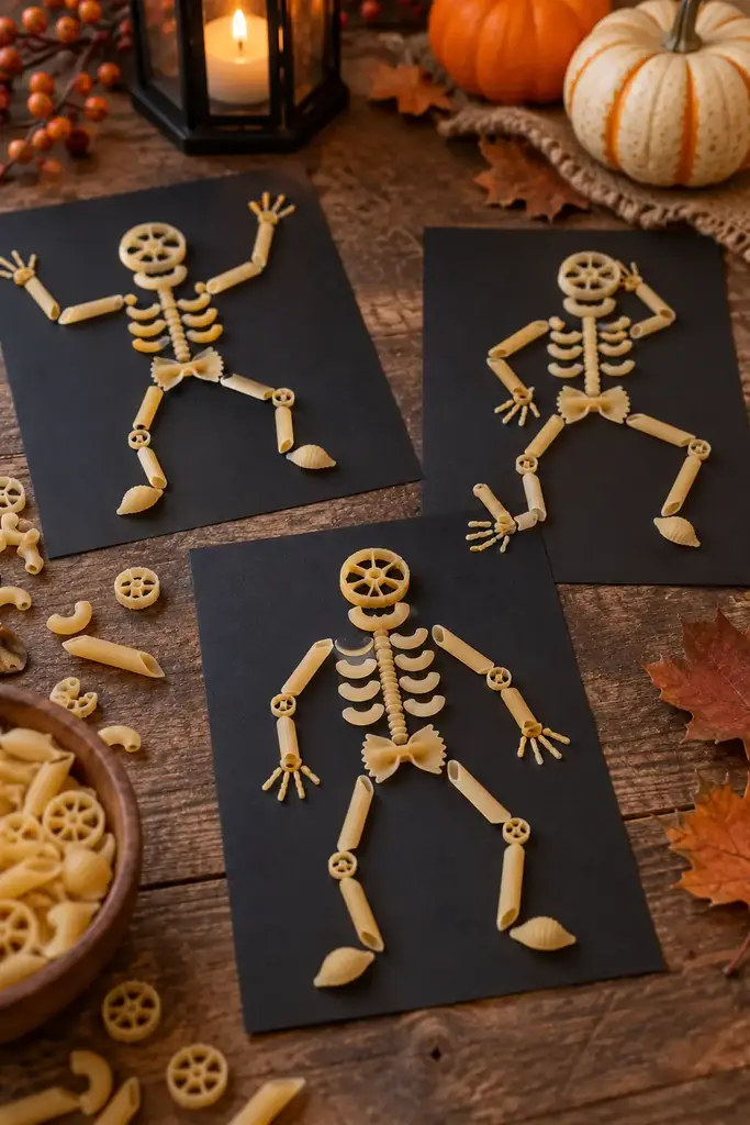 Playful skeleton shapes made from dry pasta on black cardstock