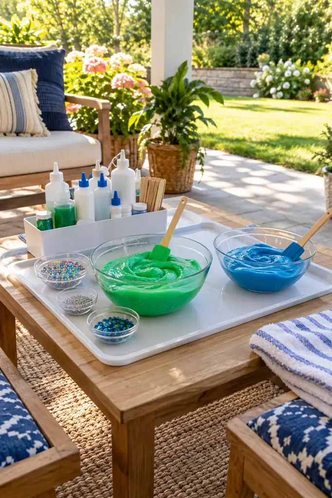 Covered patio slime table with green and blue slime bowls, a washable tray and a supply caddy