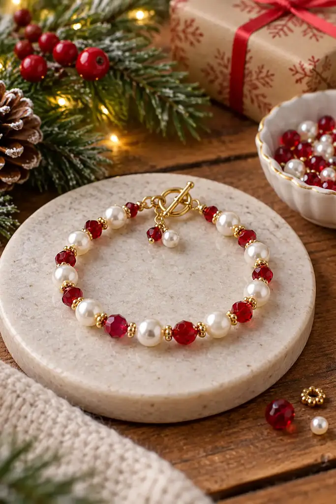 Pearl and red crystal bracelet