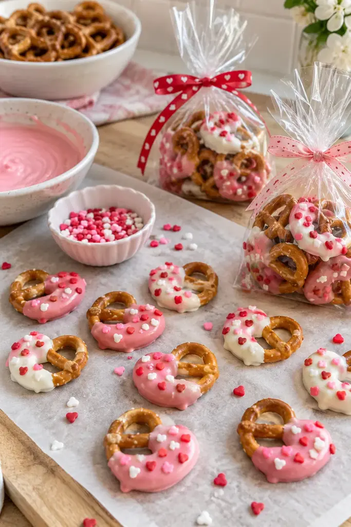 Mini twist pretzels dipped in pink and white chocolate with heart sprinkles in clear treat bags