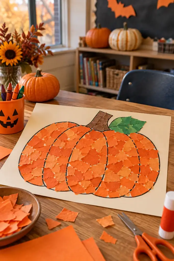 Large pumpkin shape filled with torn orange paper squares on cream cardstock