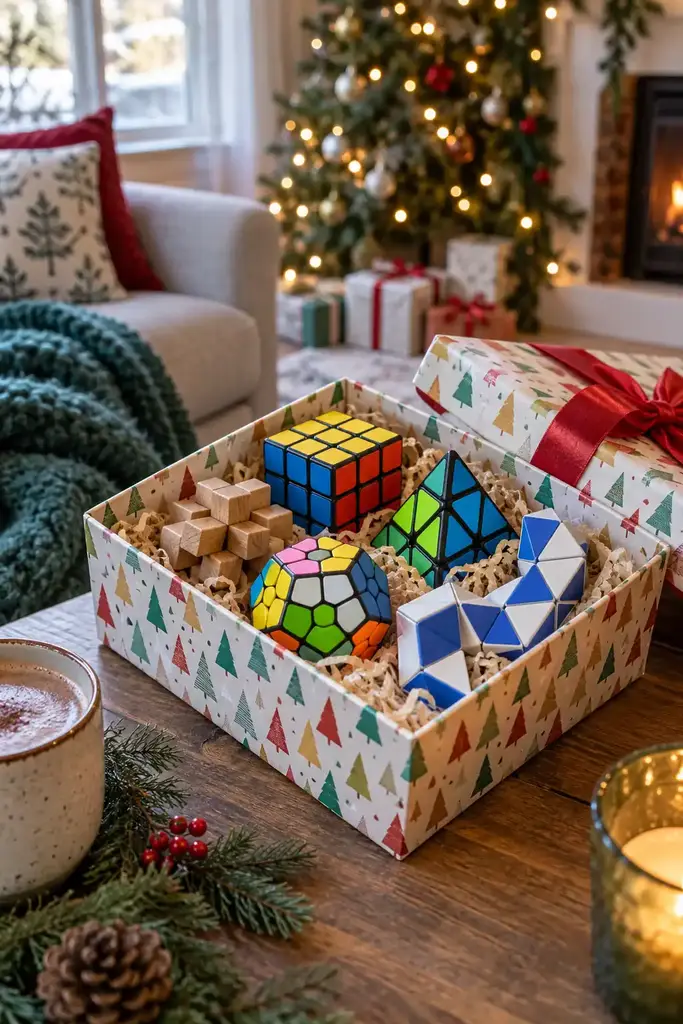 Gift box of colorful twist puzzles including a cube, a pyramid, a dodecahedron and a snake puzzle