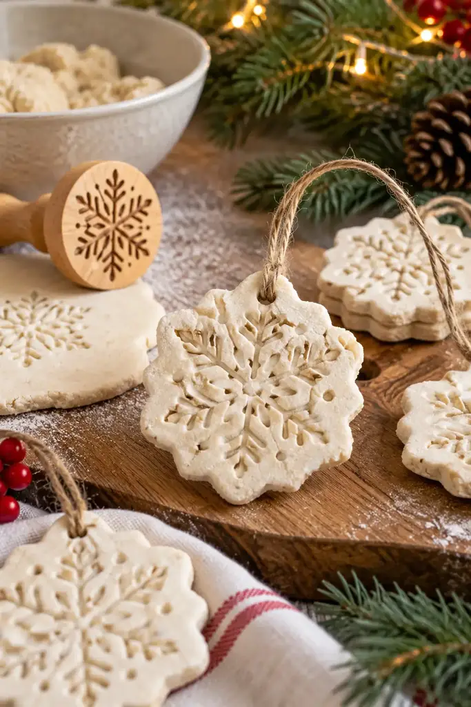 Salt dough stamped snowflake DIY Christmas ornament
