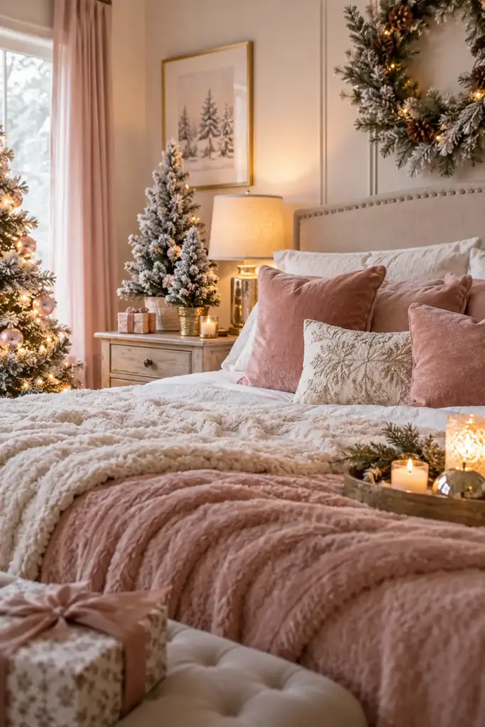 Blush blankets and cushions accompany pale frosted trees on the bedside surfaces