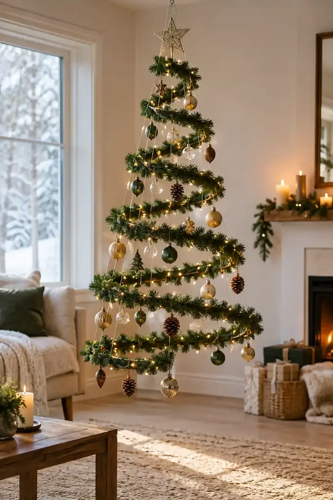 Evergreen garland follows a widening spiral around an open cone shape