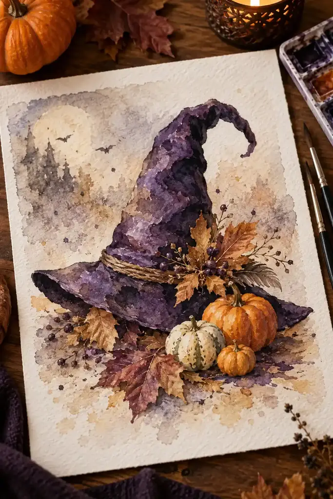 Watercolor still life of a purple witch hat with dried leaves and tiny pumpkins