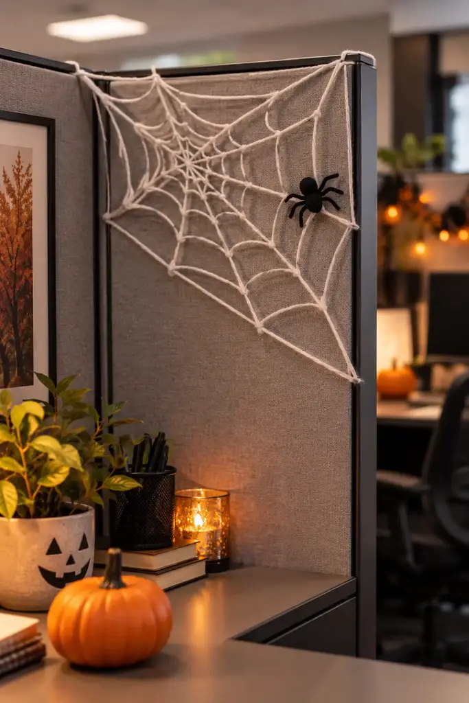 White cotton yarn spiderweb across the top corner of a cubicle wall with a small paper spider