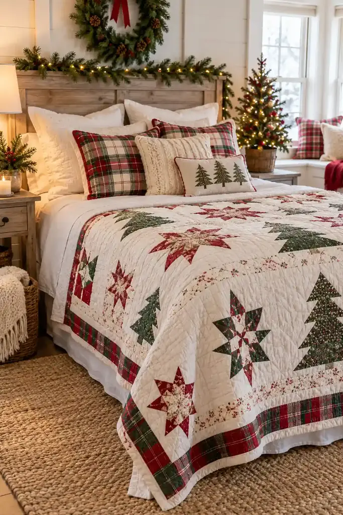White bedroom with a festive quilt