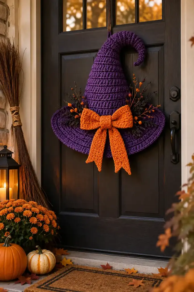 Large crocheted purple witch hat door hanger with an orange bow on a front door