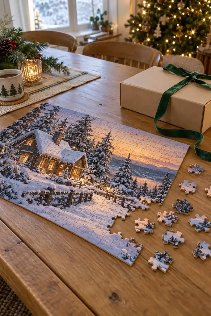 Wooden jigsaw puzzle of a snowy log cabin half finished on a farmhouse dining table near a Christmas tree