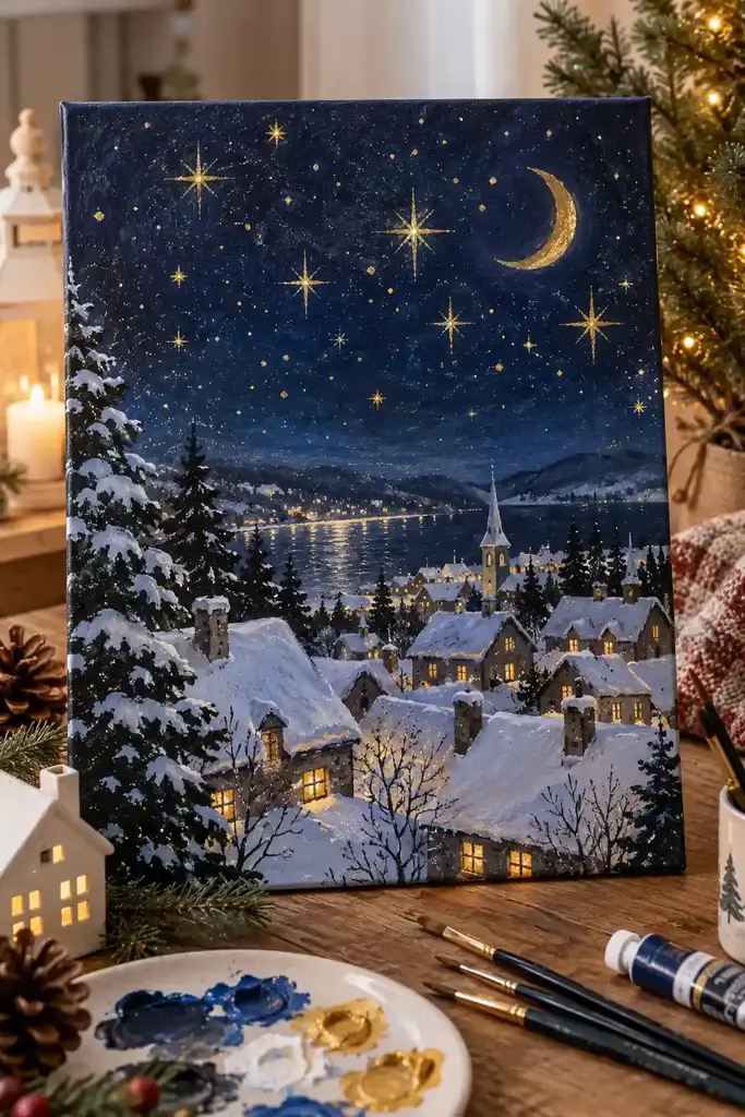 Golden stars and a crescent moon fill a dark blue sky above snowy rooftops