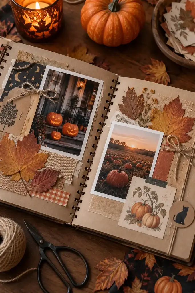 Scrapbook spread with pressed orange leaves, pumpkin photos, kraft paper and twine