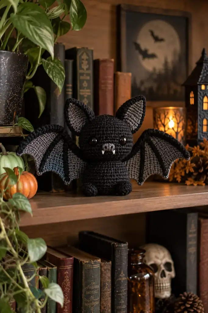 Black and charcoal crocheted bat plush with spread wings on a bookshelf