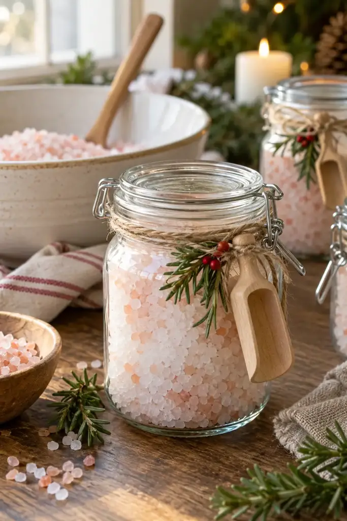 Swing top glass jar of pink Himalayan bath salts with a wooden scoop and a mixing bowl