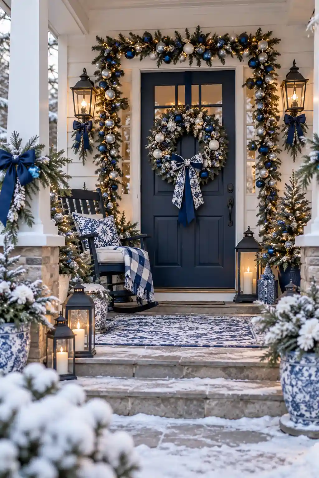 Blue and White Porch blue Christmas decoration ideas