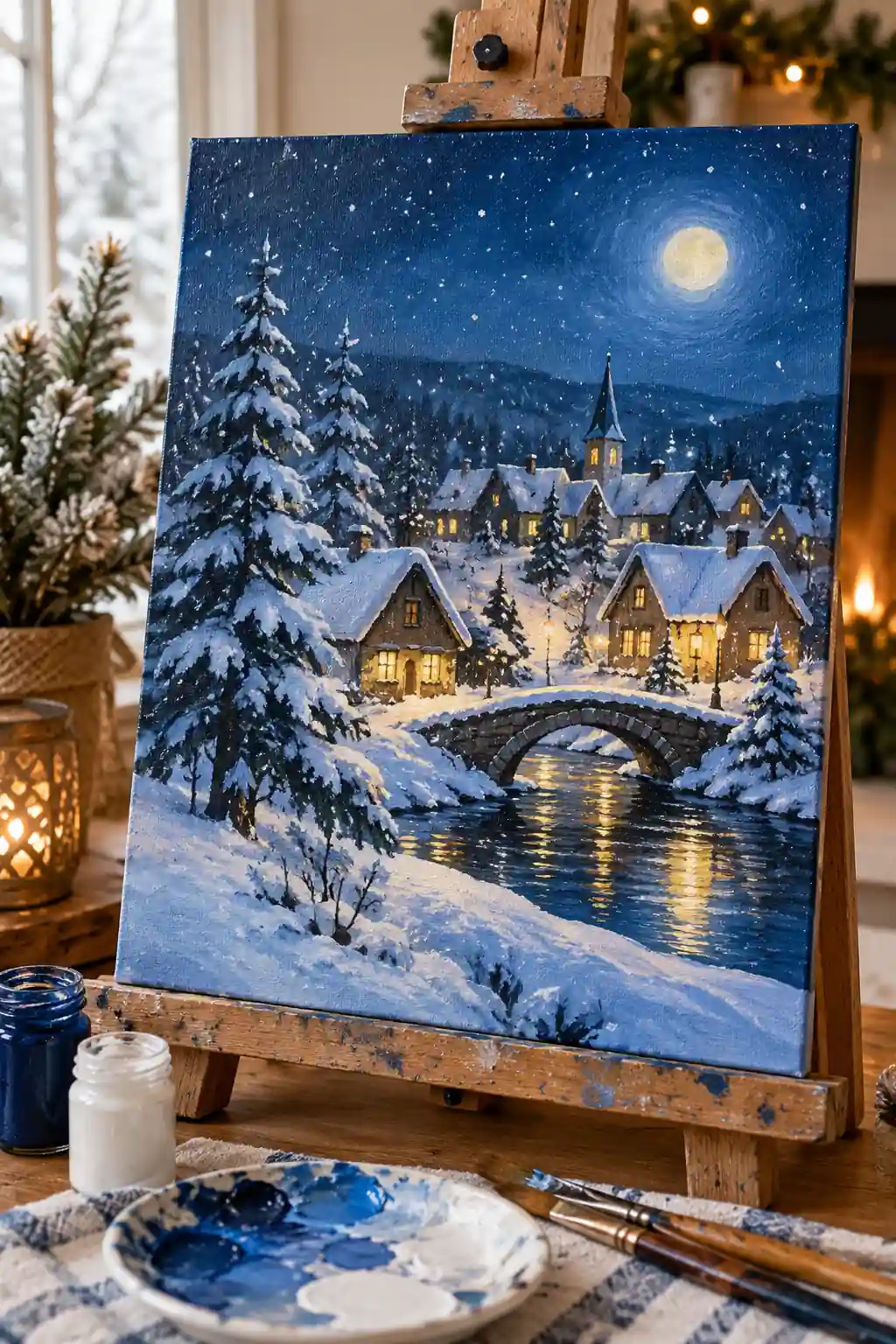 Blue Winter Village Christmas canvas ideas
