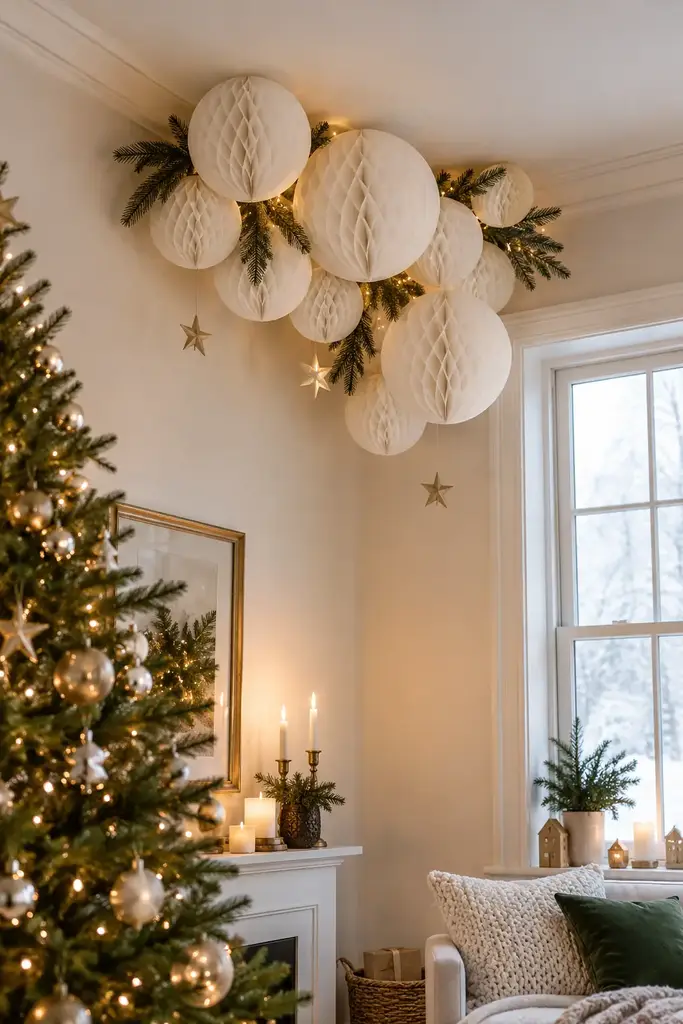 White honeycomb balls cluster at the ceiling edge with short evergreen sprigs between them