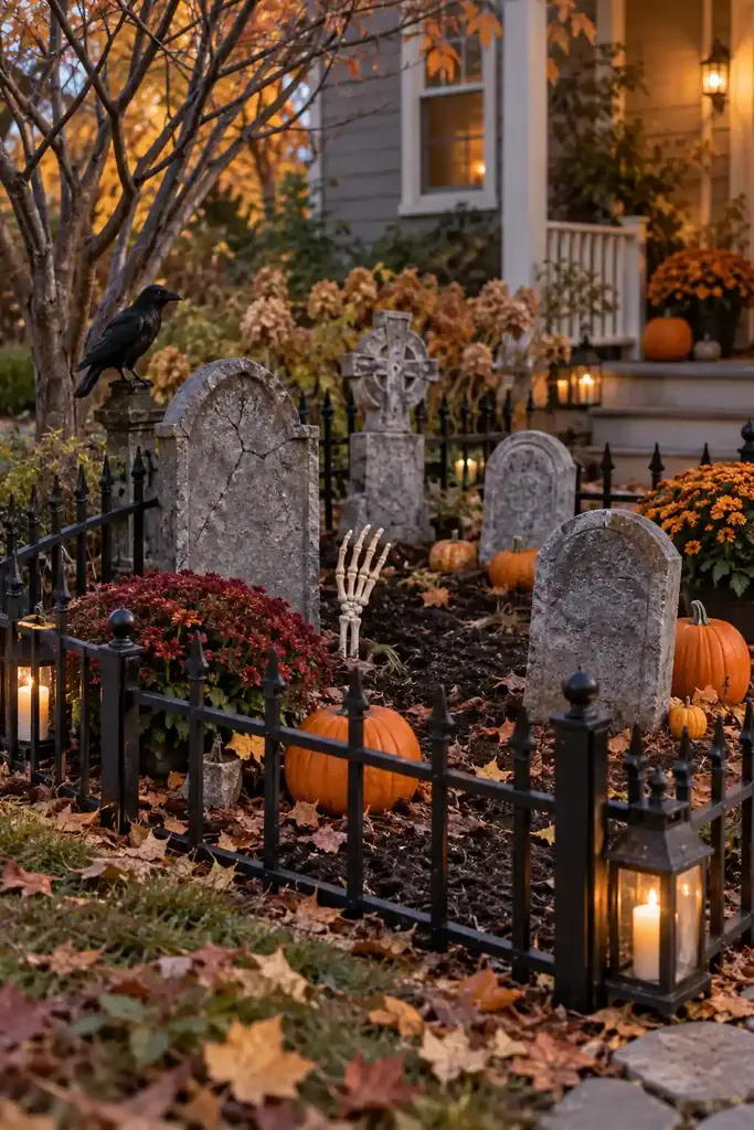 Low black garden fence around a faux graveyard with gray tombstones and pumpkins