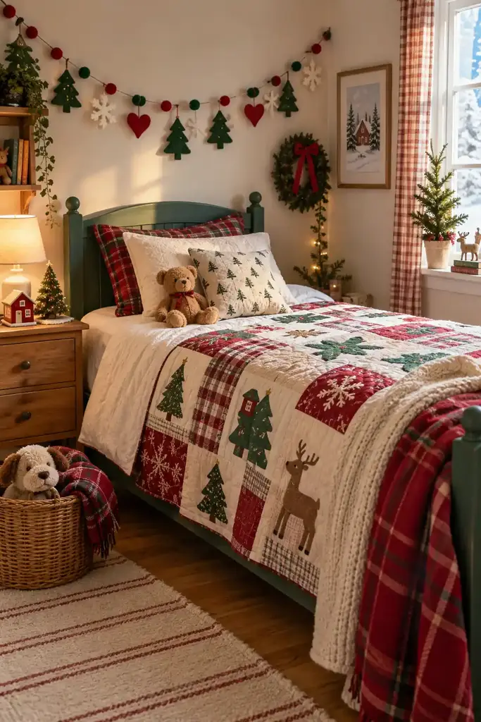 Felt trees, hearts and snowflakes form a garland above a green bed frame