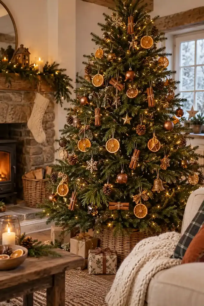 Dried orange slices and tied cinnamon bundles cover a tree with warm colored lights