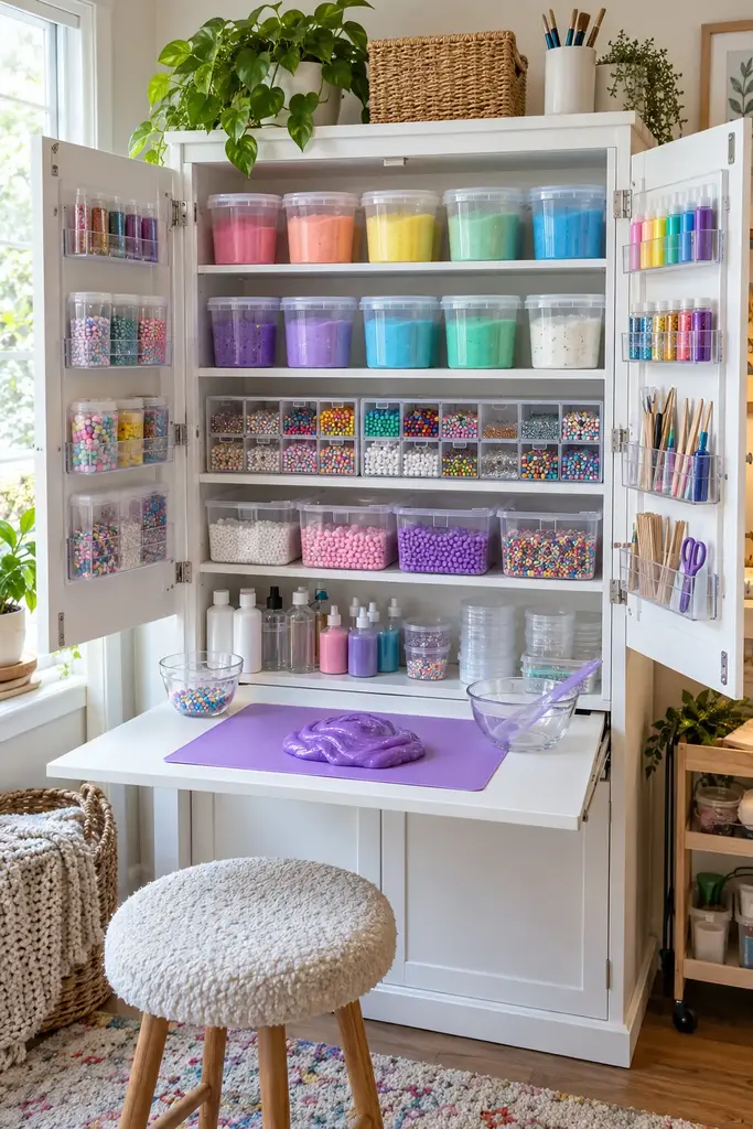 Slime supply cabinet with clear lidded tubs, bead organizers and a pullout work surface