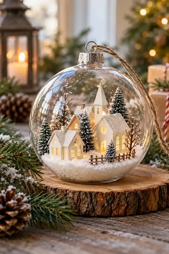 Clear globe with paper village ornament