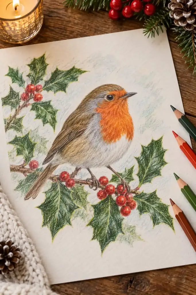 An orange breasted robin balances on a branch with red berries