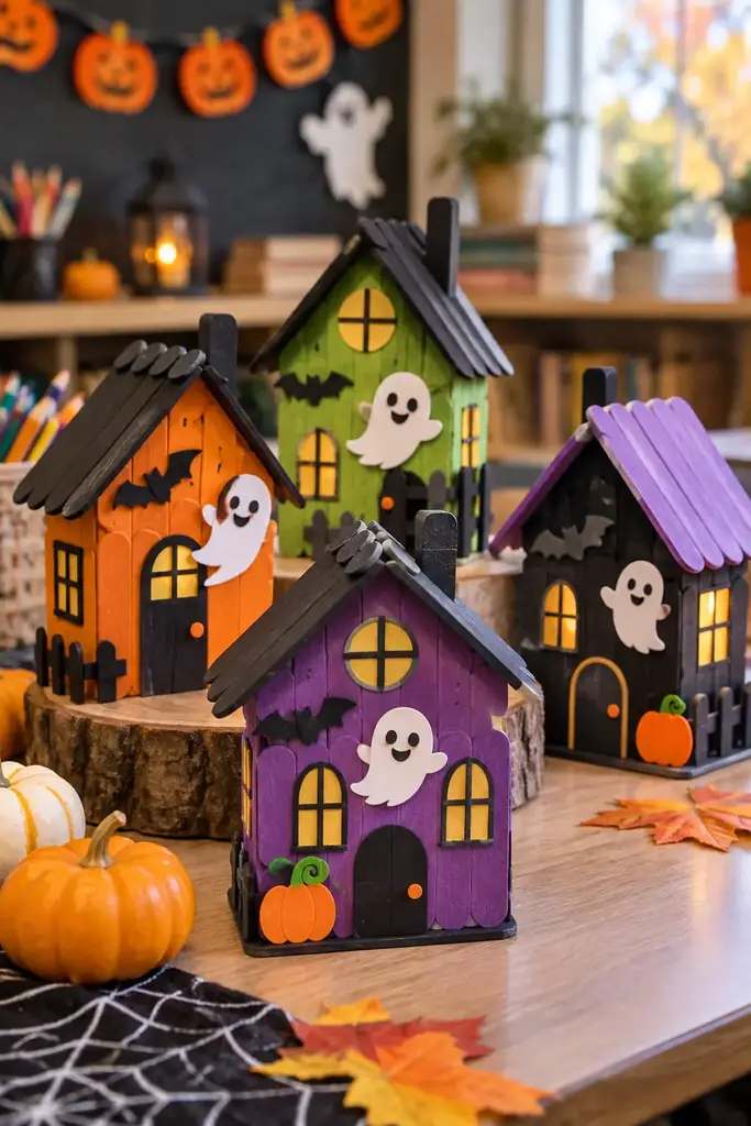 Colorful craft stick haunted houses with paper windows and smiling ghosts on a classroom display