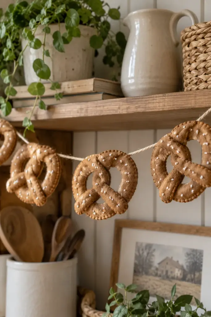 Handmade garland of tan felt pretzel shapes with white stitched salt dots hanging on a craft shelf