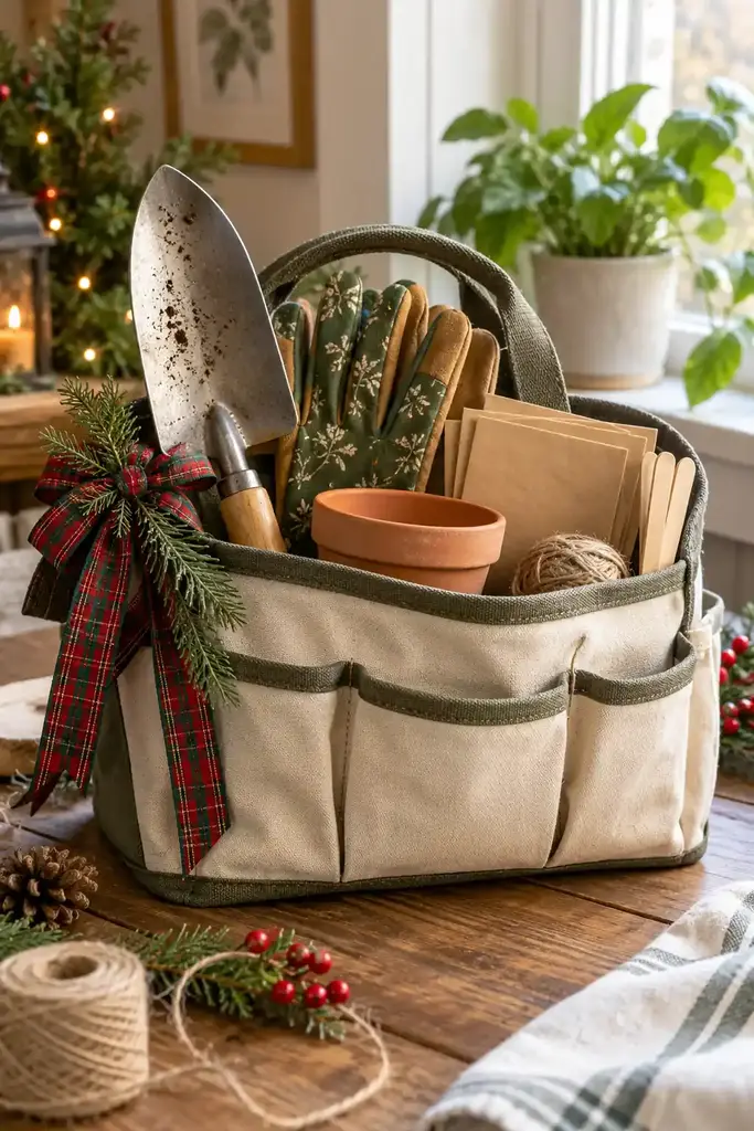 Canvas gardening tote with a trowel, gardening gloves, a terracotta pot and twine beside a houseplant