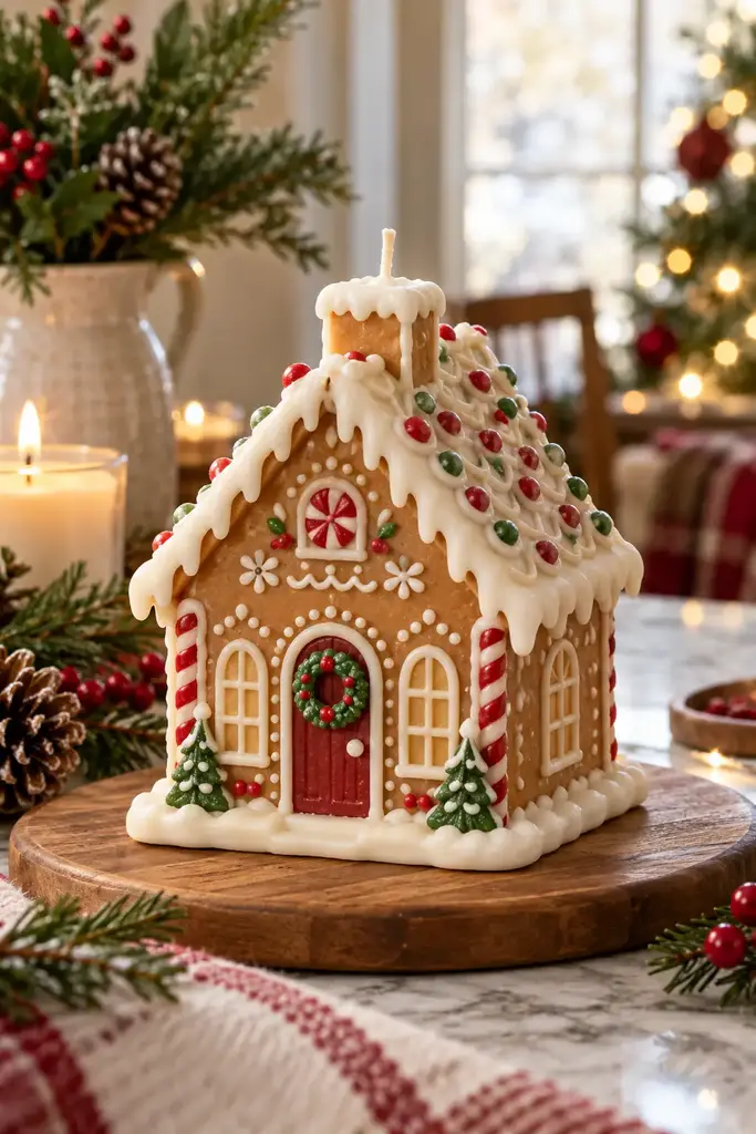 Gingerbread house shaped candle