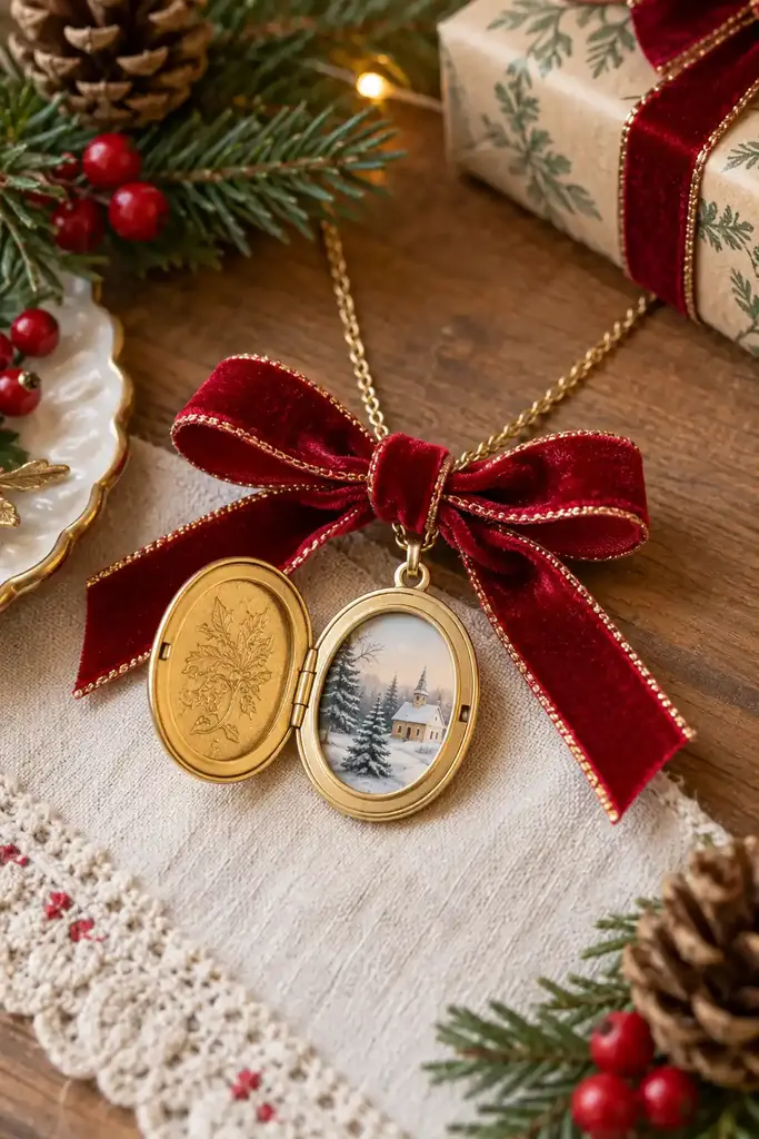 Gold locket with festive ribbon